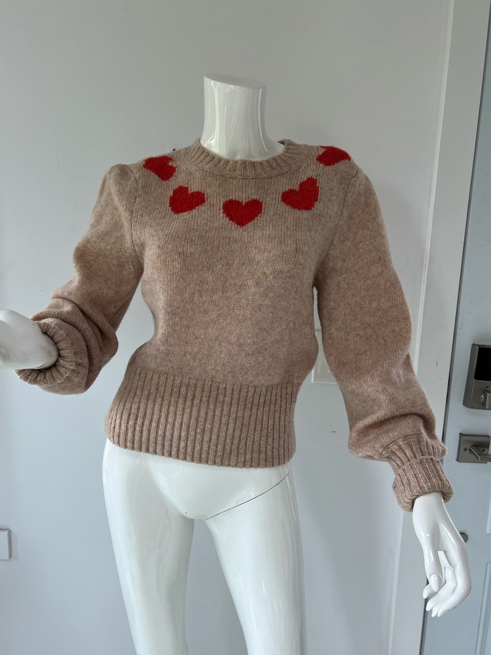 Wilfred wool Cashmere Crewneck Sweater red heart motif puff sleeves feminine